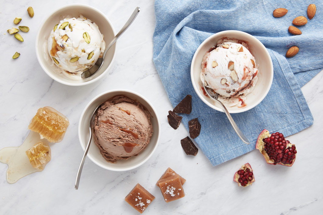 single scoop bowls of ice cream with ingredients